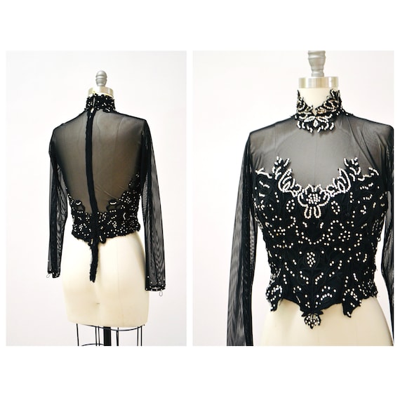 90s Black Sheer Rhinestone Showgirl Top Shirt Siz… - image 2