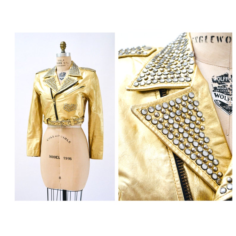80s 90s Amazing Vintage Gold Leather Biker Jacket Rhinestones - Etsy
