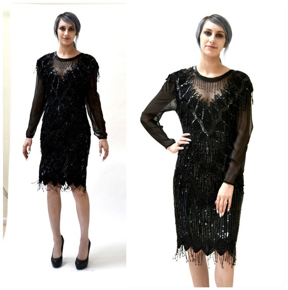 90s Vintage Black Sequin Beaded Dress Size Small … - image 2