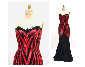 90s Vintage Red Sequin Beaded Dress Evening Gown Bob Mackie Medium// Vintage Red Black Sequin Beaded Evening Gown Dress Strapless Cher