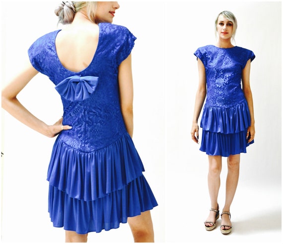 80s Prom Dress Blue Size Small medium Lace Ruffle… - image 1