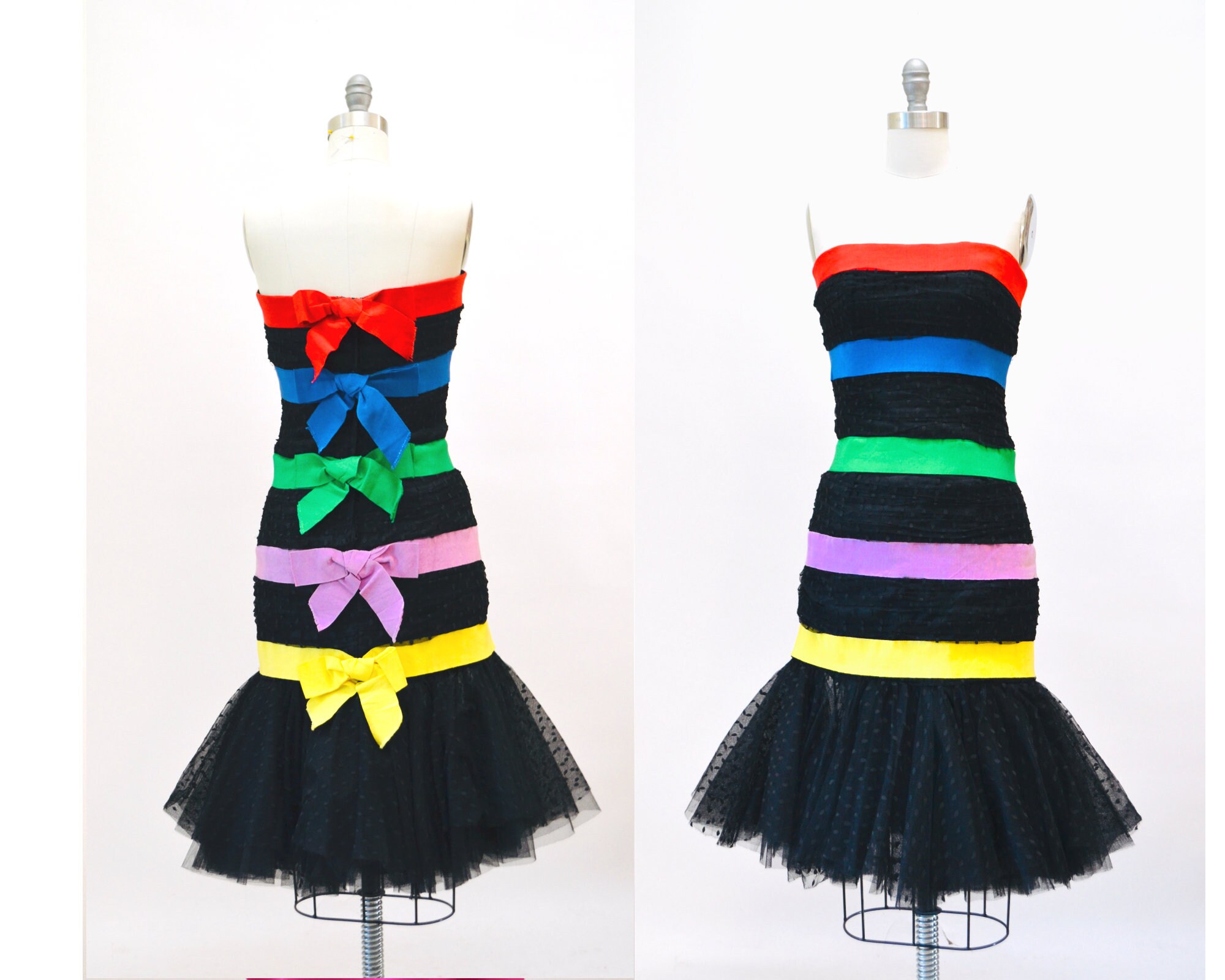 Vintage 80s 90s Black Rainbow BOw Party Dress Strapless Black Tulle ruffle Dress Body Con XS Small Victor costa 90s Cocktail Barbie dress