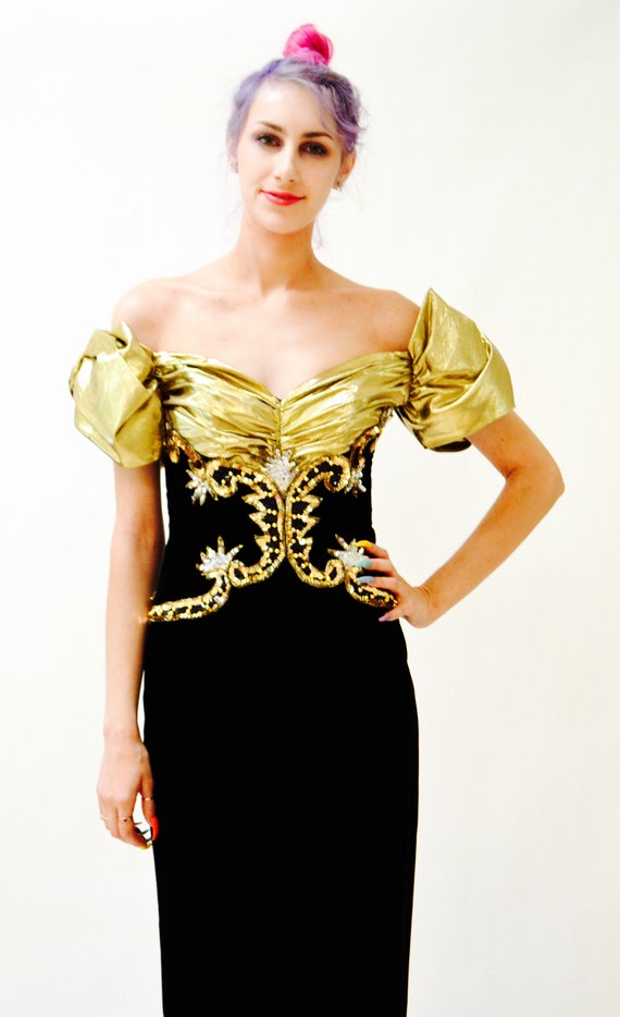 Vintage 80s Prom Dress Black Gold Evening Gown Ve… - image 5