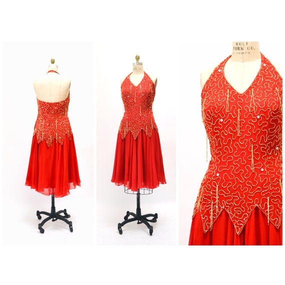 Stunning 80s 90s Vintage Red Beaded Dress Medium Large// 80s -  Norway