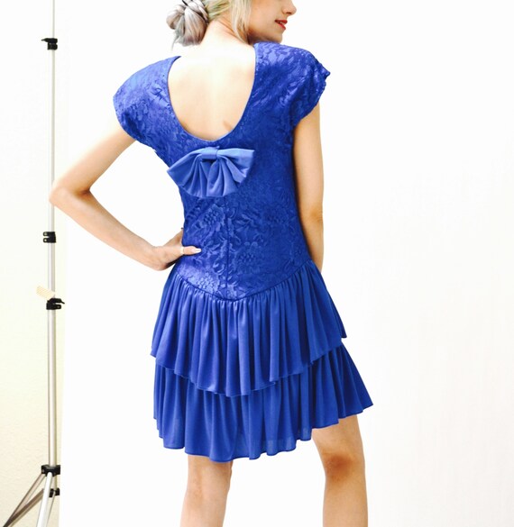 80s Prom Dress Blue Size Small medium Lace Ruffle… - image 7