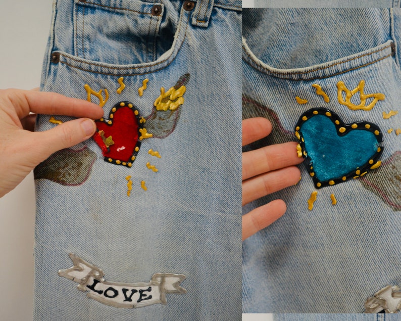 80s Vintage Leslie Hamel Jeans Pants Vintage Levis Hand painted Love Peace Denim Jeans Levis Pop Art Vintage Levis Medium Jeans Madonna image 8