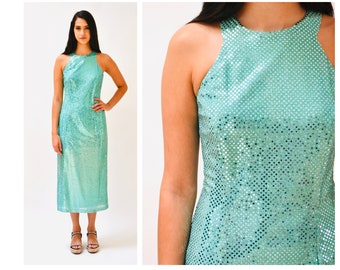 Vintage 90s Metallic Prom Party Club Dress Medium Large Aqua Green//  90s Vintage Metallic Disco Dress Blue Green Drag Queen Mermaid Costume