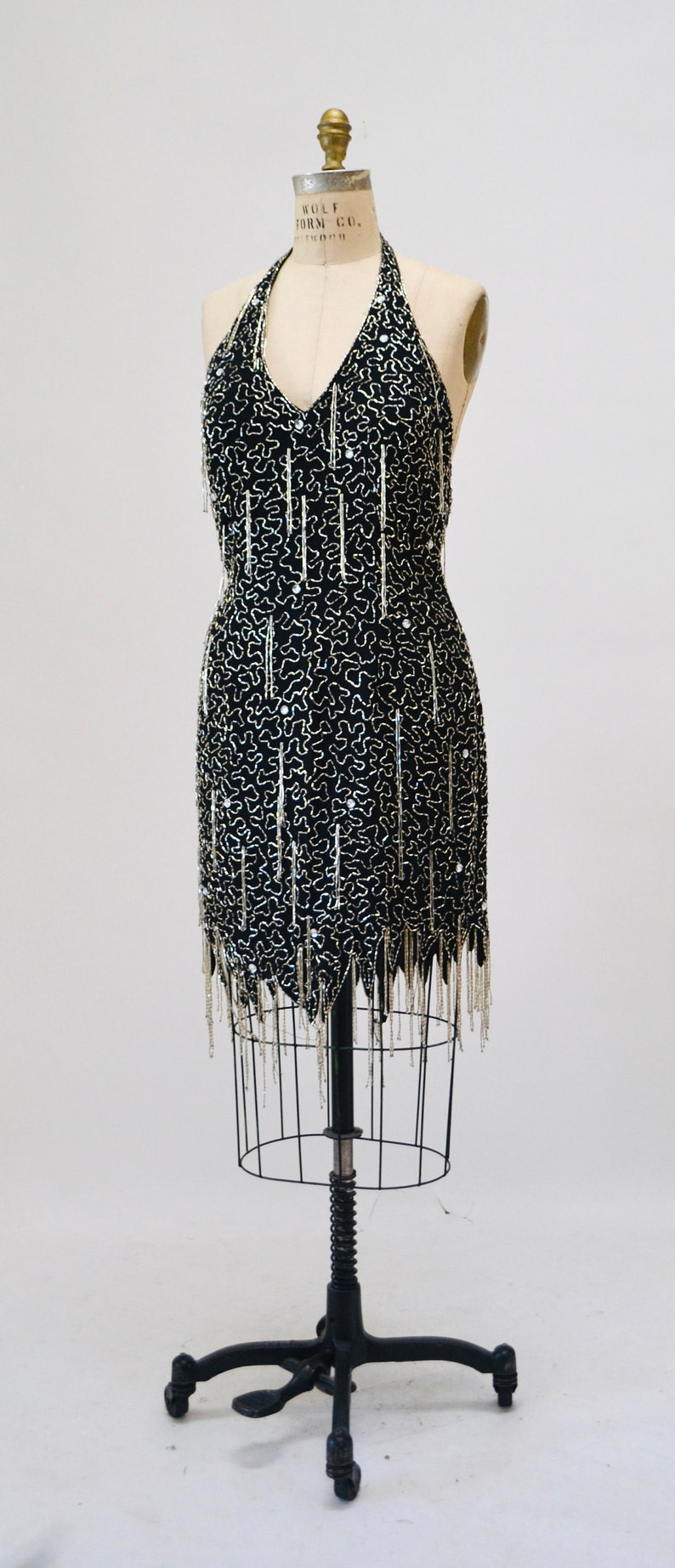 90s Vintage Black Silver Beaded Fringe Showgirl Dress Medium // 90s Black Silver Beaded Halter Dress Party Fringe Flapper Dress Nite line image 2