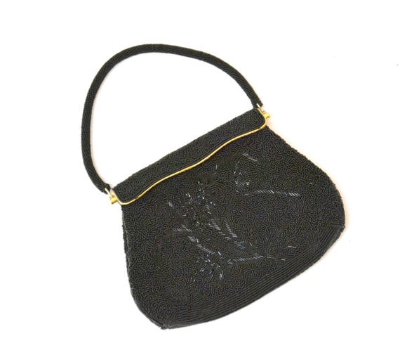 40s 50s Vintage Black Beaded handbag Purse  Glass… - image 3