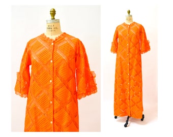 70s Vintage Orange Dress Lace Patchwork House Dress 70s Sheer Lace Boho Dress Orange Boho Hippy Dress Lace Patchwork Dress Small Medium