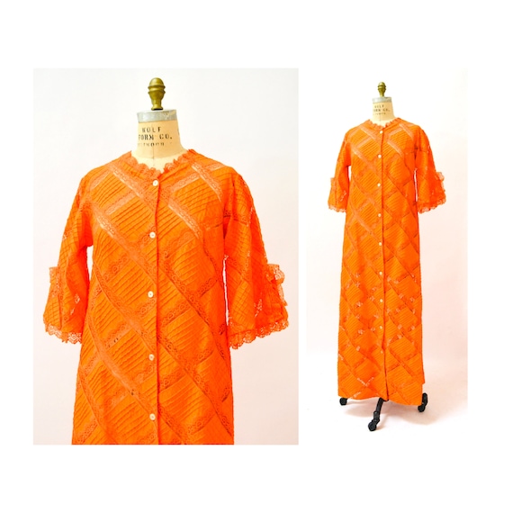 70s Vintage Orange Dress Lace Patchwork House Dre… - image 1