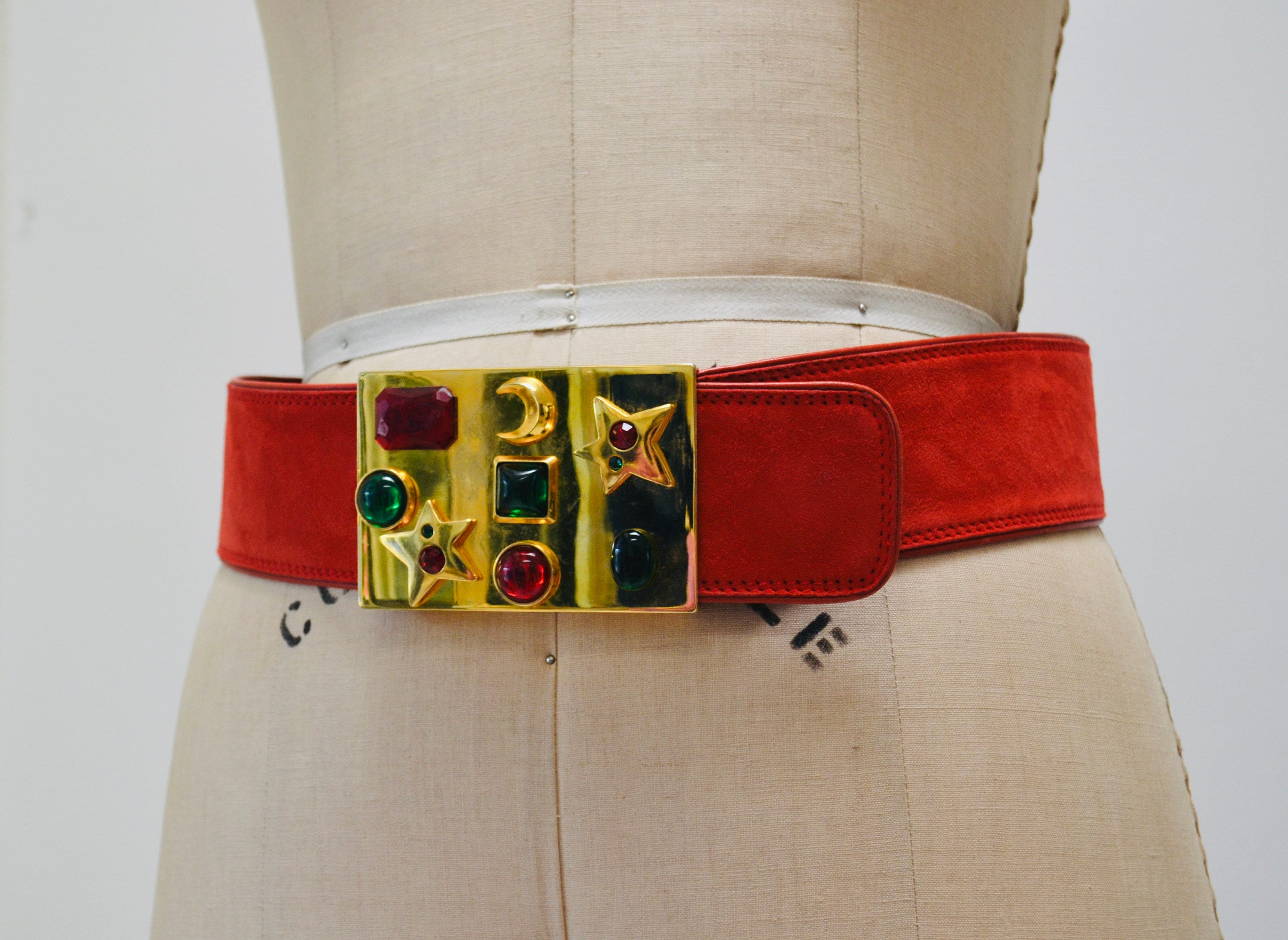 80s 90s Vintage ESCADA Red Gold Gemstone Belt Metallic Wide Red