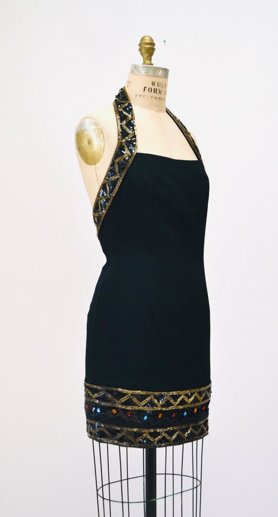 90s Vintage Black Halter Dress Sequin Beaded Meta… - image 6