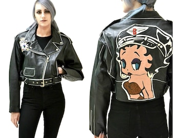 Vintage Black Leather Motorcycle Jacket with Betty Boop// Black Leather Biker Jacket with Betty Boop Comic Cartoon Size Large