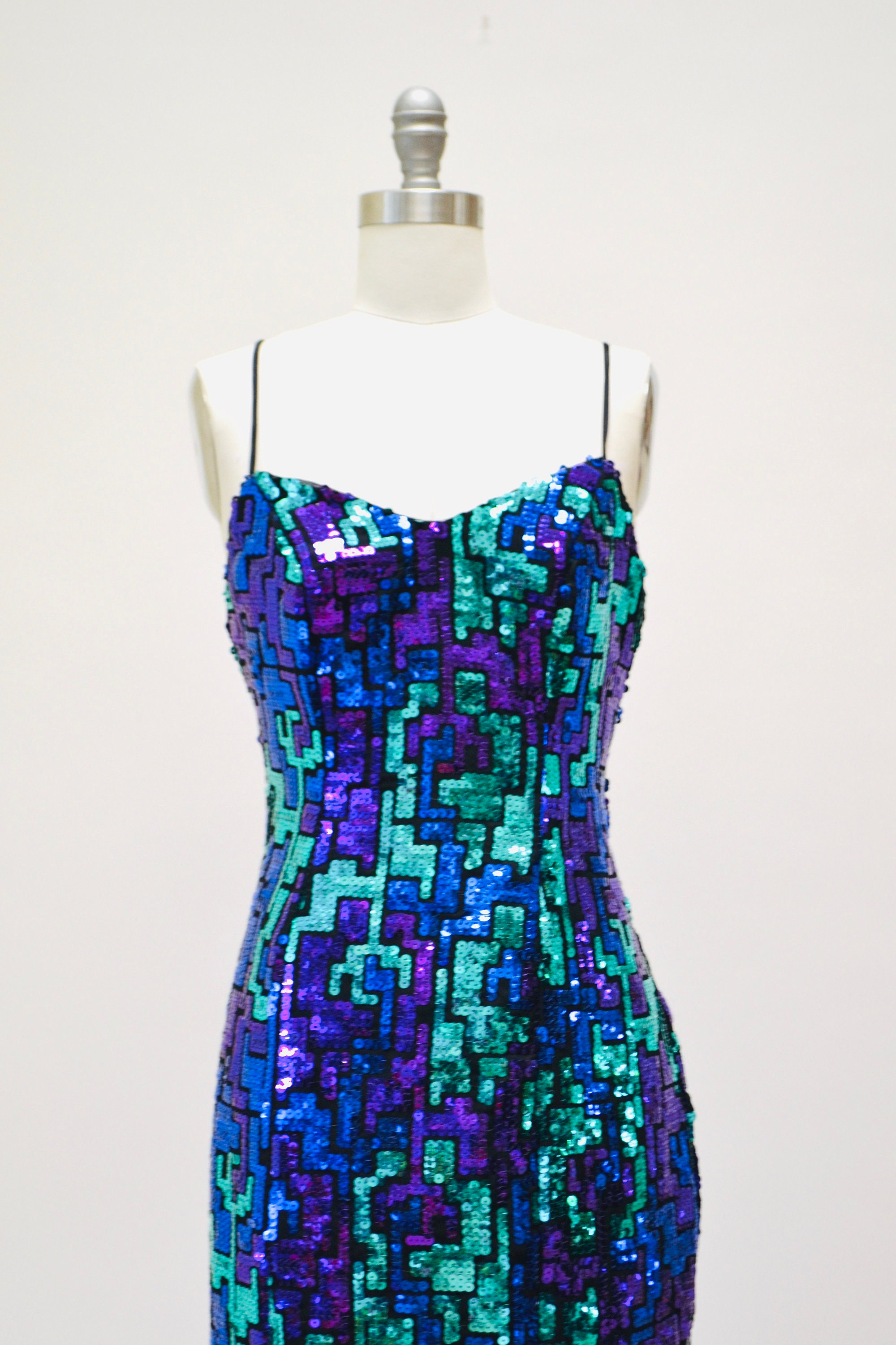 90s Vintage Sequin Dress XXS Xs S Metallic Dress Blue Purple Sequin Dress Tank// Vintage 90s Prom Dress Sequin Cocktail Formal Pageant Dress