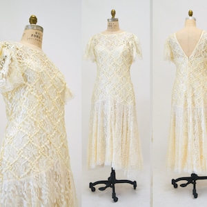 80s does 20s Vintage Lace Sequin Dress Medium Cream Off White// Vintage Sequin Lace Wedding Dress Boho Flapper Inspired Cream Lace Dress image 9