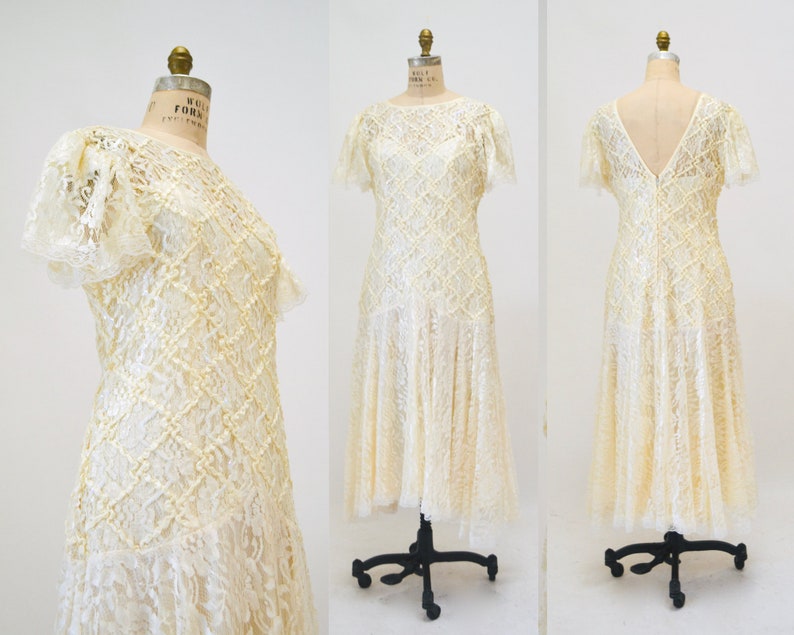 80s does 20s Vintage Lace Sequin Dress Medium Cream Off White// Vintage Sequin Lace Wedding Dress Boho Flapper Inspired Cream Lace Dress image 9