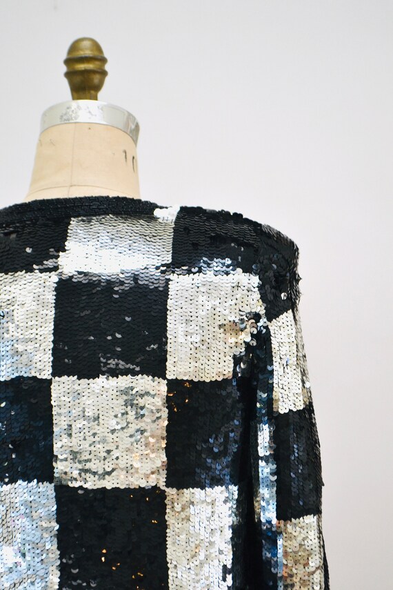 Vintage Sequin Jacket Black Silver Metallic Checker Plaid