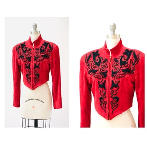 90s Vintage RED Leather Suede Jacket Michael Hoban Embroidered Autographed North Beach Leather Red Suede Embroidered Bolero Cropped Jacket image 1