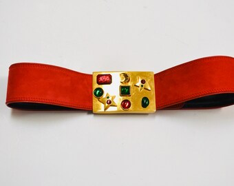 80s 90s Vintage ESCADA Red Gold Gemstone Belt Metallic Wide  display picture 1
