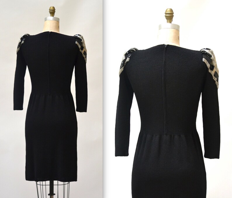 Vintage Black Sweater Dress Size Small Medium Beaded Art Deco Inspired// Black Sweater Dress Metallic Sequins Beading By Pat Sandler image 3