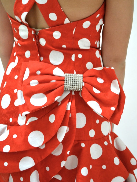 80s does 50s Vintage Party Dress Red Polka Dots b… - image 4