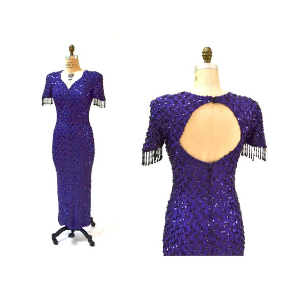 80s Prom Purple Sequin Dress Long Sequin Fringe Stretch Dress | Etsy