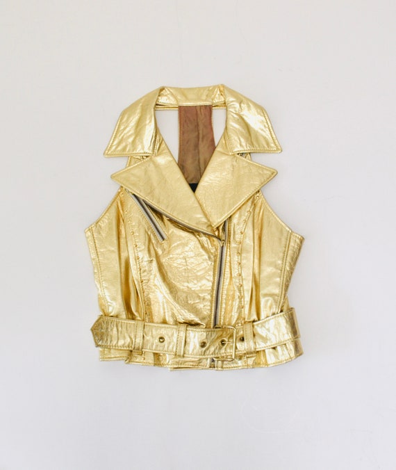 Amazing Vintage Studded Gold Leather Vest Size Me… - image 1
