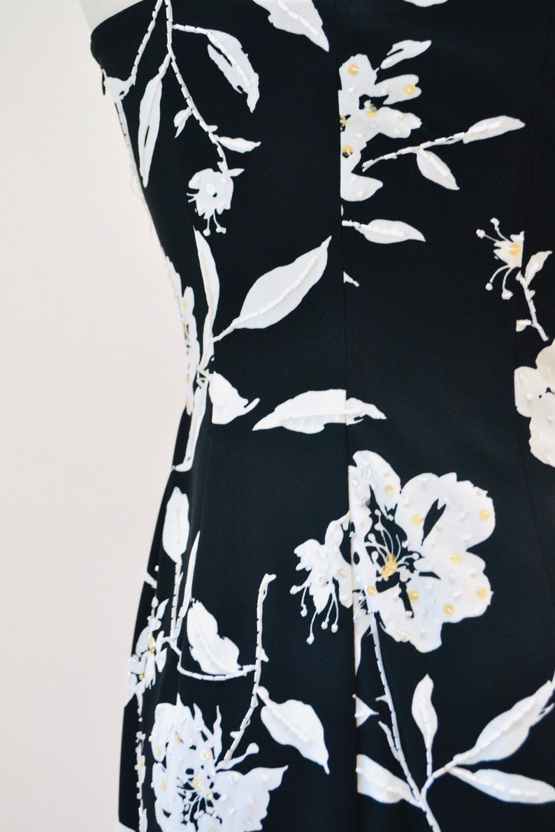 Vintage 00s Y2K Bias Cut Silk Dress Cache Black White Floral Print Beaded one Shoulder Dress XS Small 90s 00s Y2k Silk Tank Black Dress image 8