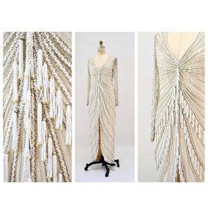 80s 90s Vintage Silver White Cream Beaded Gown Dress Medium Large By Bob Mackie Silk// Vintage Wedding Gown Beaded Fringe Art Deco Gown