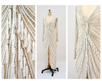 80er 90er Vintage Silber Weiß Creme Perlen Kleid Kleid Medium Large Von Bob Mackie Seide // Vintage Hochzeitskleid Perlenfransen Art Deco Kleid