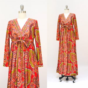 Vintage 70s Boho Dress Paisley Print Long Peasant Dress size XXS XS// 70s Vintage Paisley Print Dress orange Paisley Bohemian Peasant Dress image 1