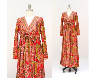 Vintage 70s Boho Dress Paisley Print Long Peasant Dress size XXS XS// 70s Vintage Paisley Print Dress orange Paisley Bohemian Peasant Dress