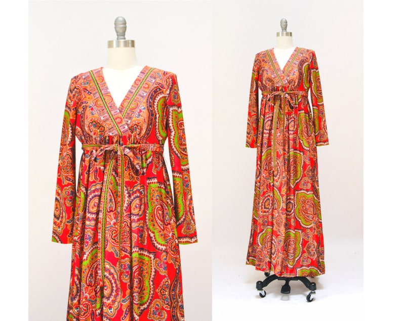 Vintage 70s Boho Dress Paisley Print Long Peasant Dress size XXS XS// 70s Vintage Paisley Print Dress orange Paisley Bohemian Peasant Dress image 1