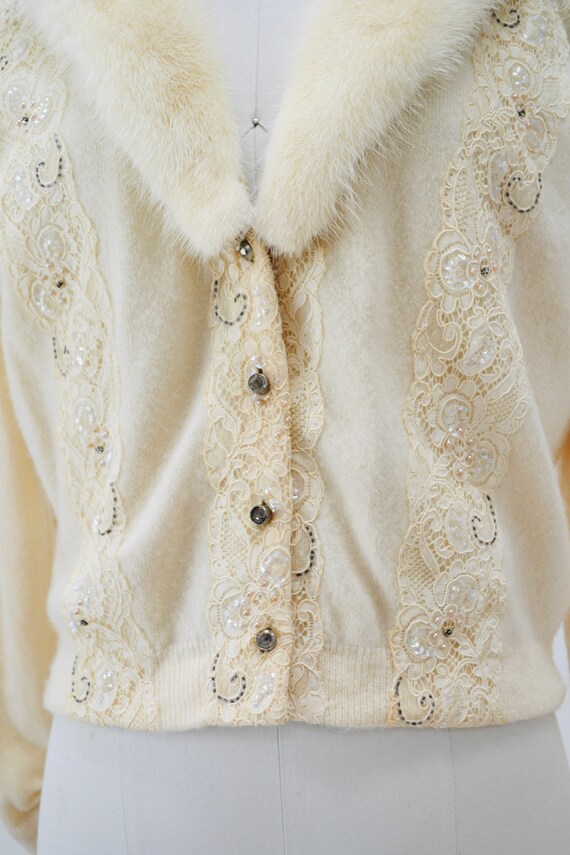 50s Vintage Cream Mink Fur Collar Beaded Cardigan… - image 4