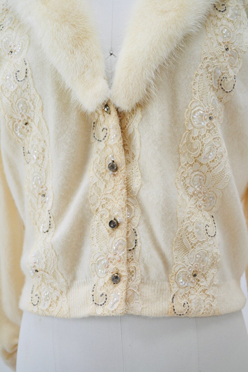 50s Vintage Cream Mink Fur Collar Beaded Cardigan Sweater Rhinestone Buttons Small Medium Vintage Wedding Fur Collared Cashmere Cardigan image 4