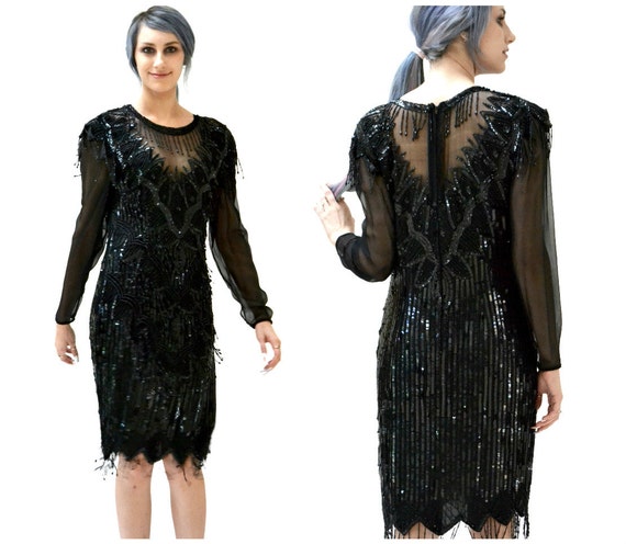 90s Vintage Black Sequin Beaded Dress Size Small … - image 3