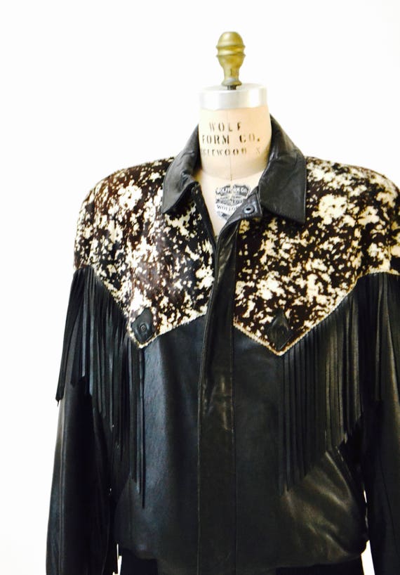 Vintage Black Leather Jacket Fringe Michael Hoban… - image 7