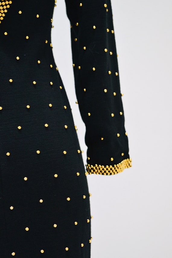 80s 90s Vintage Black Beaded Dress Gold Metallic … - image 9