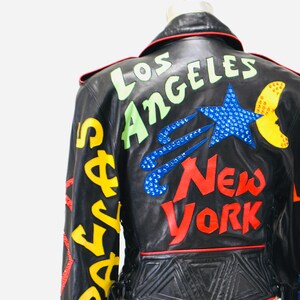 90s Vintage Black Leather Rhinestone Motorcycle Jacket by John Michael Los Angeles, New York, Rome, Tokyo, Paris Leather Biker Jacket Medium image 6