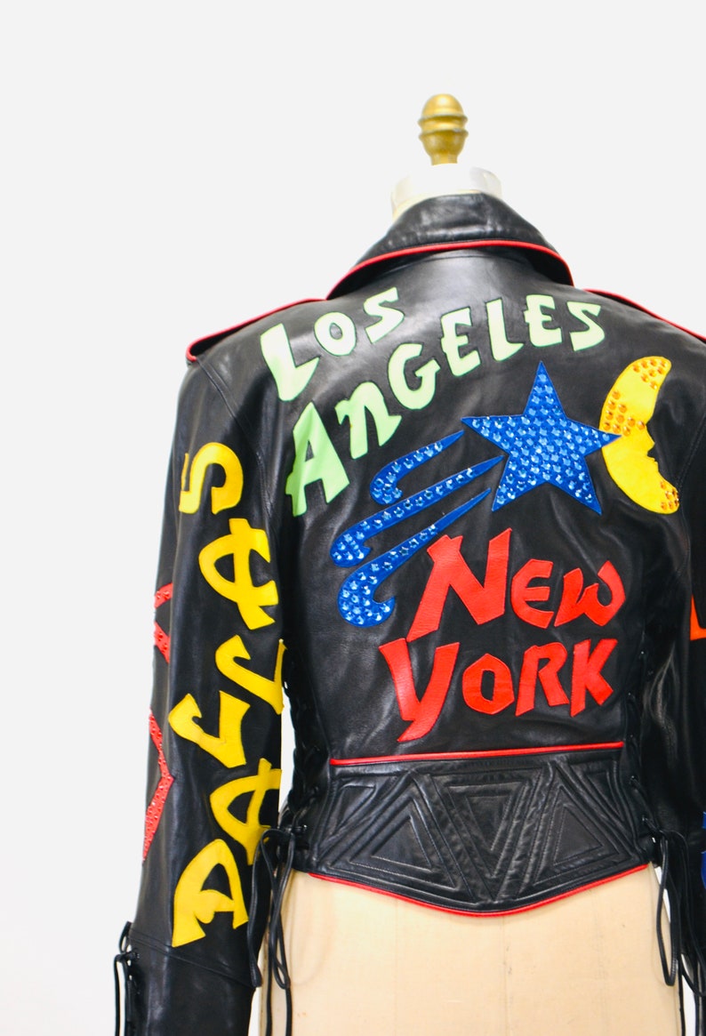 90s Vintage Black Leather Rhinestone Motorcycle Jacket by John Michael Los Angeles, New York, Rome, Tokyo, Paris Leather Biker Jacket Medium image 6