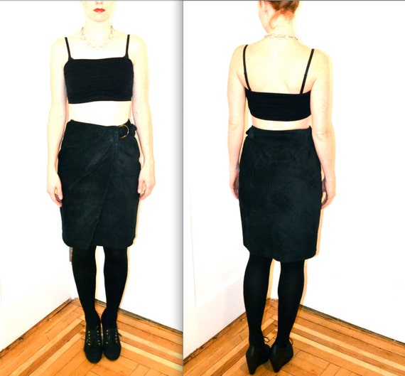 90s Vintage Suede Leather Skirt Black// Vintage B… - image 3