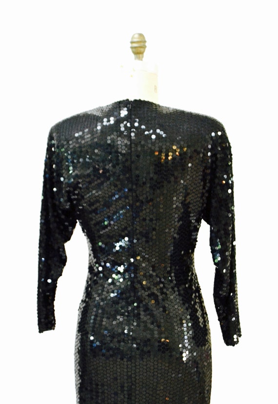 80s 90s Vintage Black Sequin Dress Wrap Dress Med… - image 8