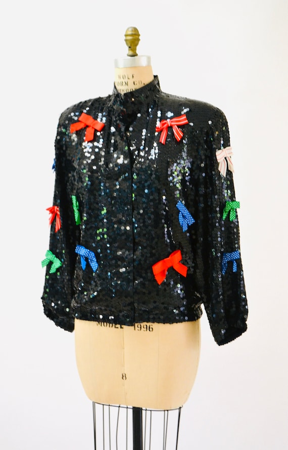 Vintage Black Sequin Jacket With Bows Ribbons 80s… - image 4