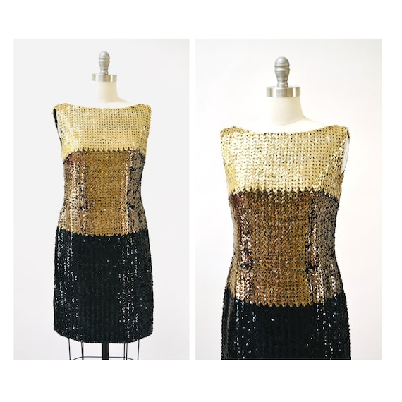 60s Vintage Black Sequin Party Dress Small Black … - image 1