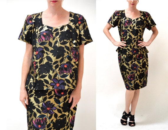 80s Vintage Metallic Gold Jacquard Skirt and Shirt