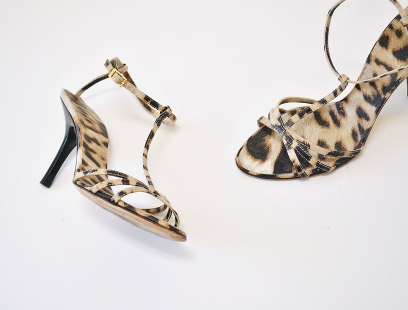 Vintage 00s Strappy Animal Print High Heels Size 7 37 By Roberto Cavalli Leopard Animal Print leather High heels Sandals 37 Roberto Cavalli image 8