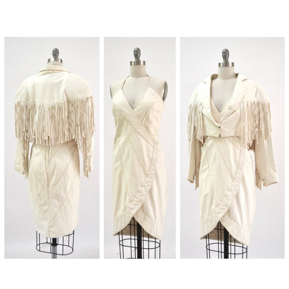 80s 90s Vintage White Leather Jacket Dress Fringe