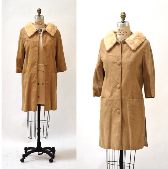 60s Vintage Suede Leather Jacket Coat Fur Collar … - image 2