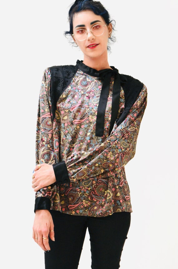 80s Vintage Paisley Print Silk Shirt Blouse Mediu… - image 6